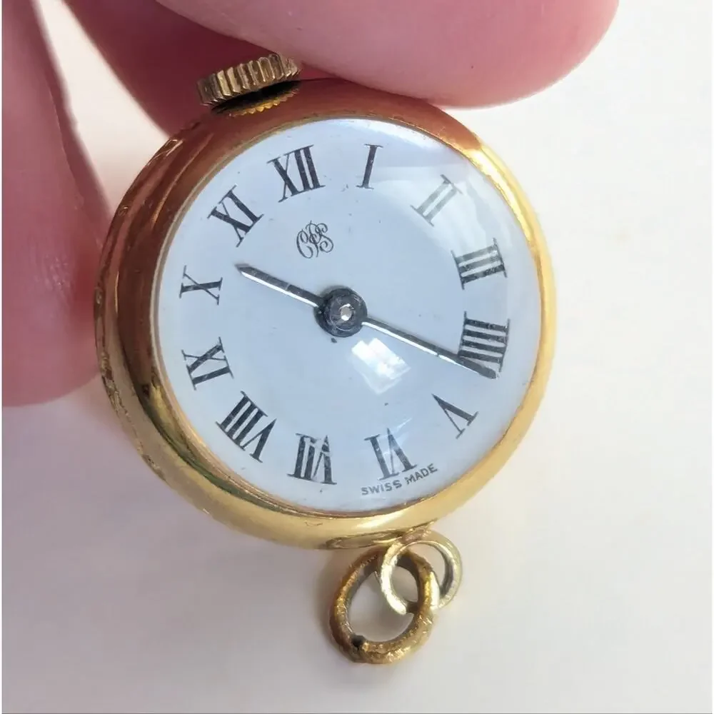 Vintage Working Swiss Made Etched Gold Tone Bubble Watch Necklace Pendant